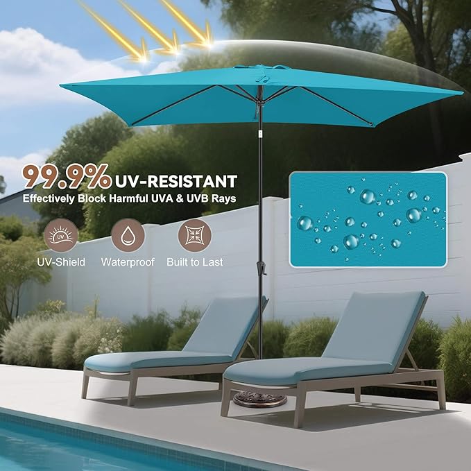 FLAME&SHADE 6.5 x 10 ft Rectangular Patio Umbrella with Push Button Tilt & Crank, Table Market Rectangle Rectangle Umbrella Outdoor for Yard, Pool, Garden, Porch(Aqua Blue)