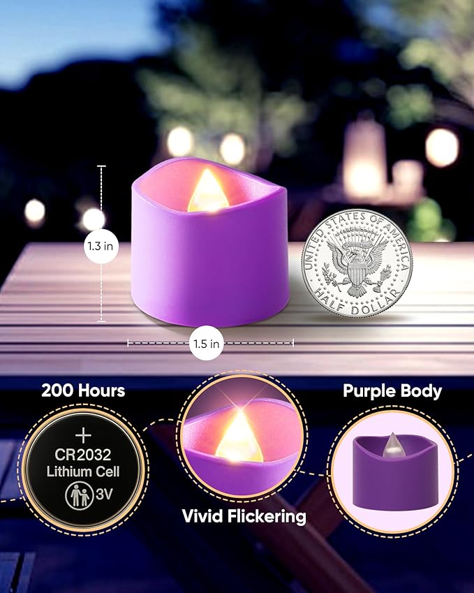 Raycare Purple Battery Operated Tea Lights, 200+Hour Electric Flickering Flameless Candles, Realistic Votive LED Tea Lights for Wedding Party Table Mother's Day Halloween Decorations, 12 Pack