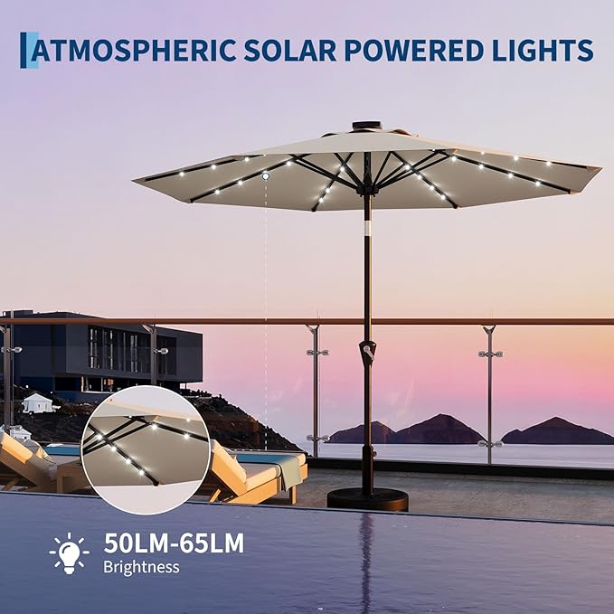 Garvee 9/10 FT Solar Patio Umbrella with 32 LED Lights - Outdoor Table Umbrella with Crank Lift, Push Button Tilt and 8 Sturdy Ribs - Market Umbrella UV Protection for Pool, Deck, Yard, Garden