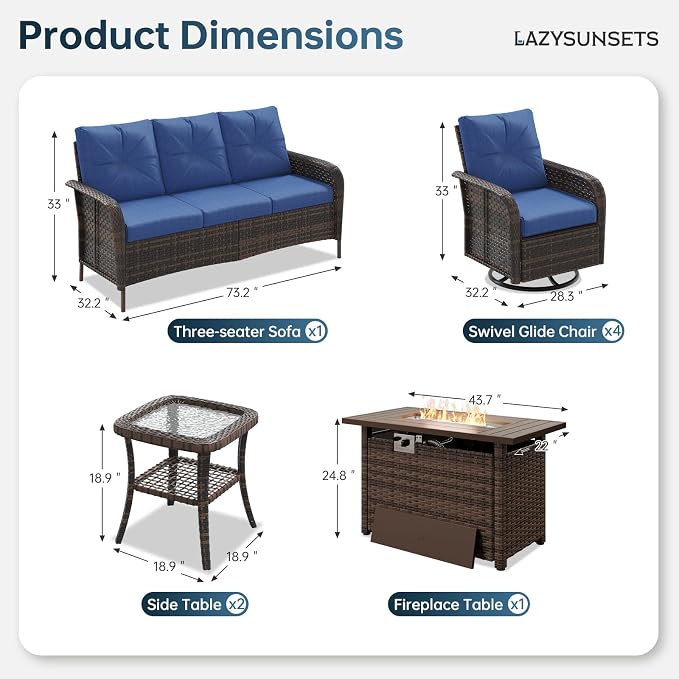 LazySunsets Luxury 10-Piece Patio Furniture Set with 44'' Fire Pit Table, Wicker Rattan Sofa with Thick Cushion, Outdoor Conversation Set for Backyard, Poolside & Garden, Brown/Navy Blue