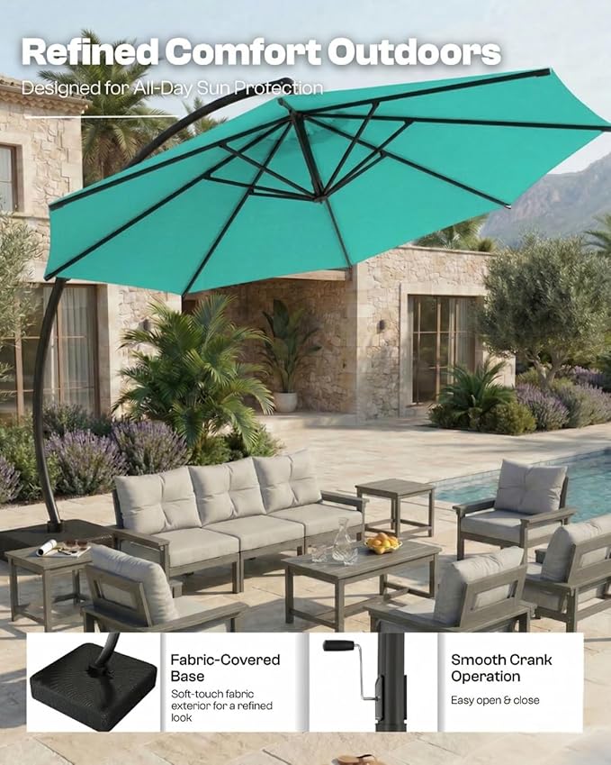 12 FT Cantilever Umbrella with Base Included, Large Round 360° Rotation Offset Umbrella Outdoor Patio, Heavy Duty Aluminum Frame, Sand-Weighted Stand, for Deck, Backyard, Pool, Garden (Tiffany Blue)