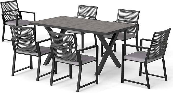 7 Pieces Outdoor Dinning Set Featuring 1 Aluminum Table and 6 Iron Alloy Ratten Chairs Waterproof and Rust-Proof Courtyard Style Table Garden Balcony Poolside, Black 7 Pcs