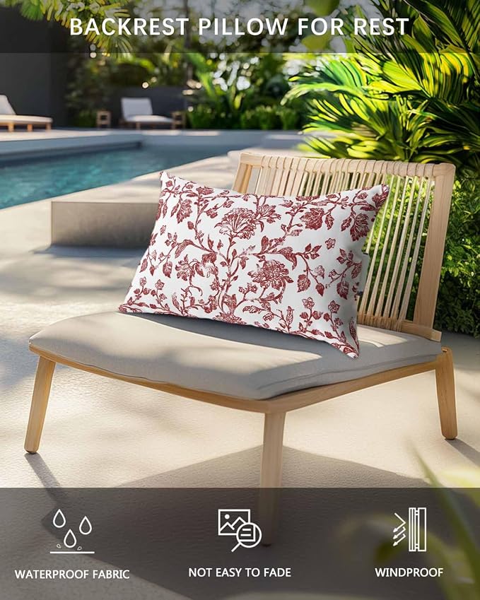 Pack of 4 Outdoor Lumbar Pillow Covers 12x20 Inch, Red Boho Flower Waterproof Throw Pillow Covers Set, Vintage Paisley Farmhouse Pattern Indoor&Outdoor Decorative Cushion Cases for Patio Porch Beach