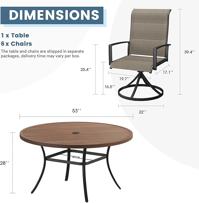 DIFY 7 Piece Outdoor Patio Dining Set for 6, 53" Walnut Round Metal Dining Table and Swivel Patio Chairs with Brown Padded Textilene, All-Weather Outdoor Furniture Set for Garden Backyard Porch