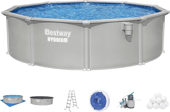 Bestway Hydrium 15' x 48" Above Ground Pool, Round Steel Side Wall Frame Outdoor Swimming Pool Set with Sand Filter Pump, Polysphere Filtration Balls, Ladder & Accessories