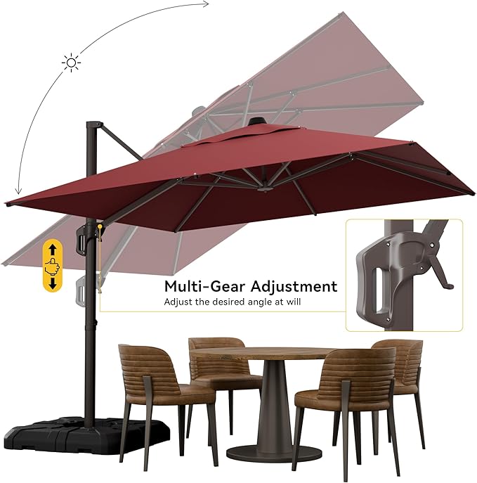 10x10FT Cantilever Outdoor Umbrella with Base, 360° Rotating Large Offset Square Patio Umbrella, Ideal for Garden Backyard Deck Courtyard, Red