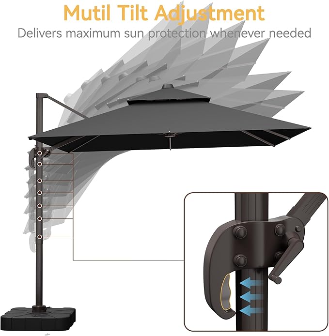 10x10 FT Patio Umbrella with Base, Large Cantilever Double Top Heavy Duty Offset Umbrellas with 360° Rotation, Outdoor shade for Garden Deck Pool, Grey
