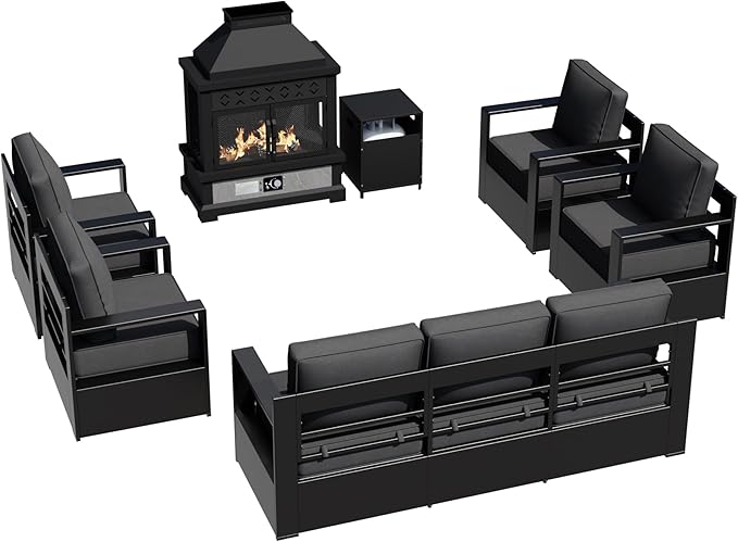 Outdoor Aluminum Furniture Set, 6-Piece Patio Conversation Set, 4 Chairs 1 Sofa and 1 Fireplace, All-Weather Metal Frame, 6" Thick Removable Cushions, Deep Setting for Garden, Poolside and Porch