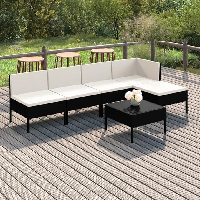 6 Piece Patio Lounge Set with Cushions,Patio Sofa,Outdoor Daybed,Patio Seating,Outdoor Furniture Sets,Patio Conversation Sets,Modern Set,Outdoor Patio Chairs,Patio Furniture Set, Poly Rattan Black