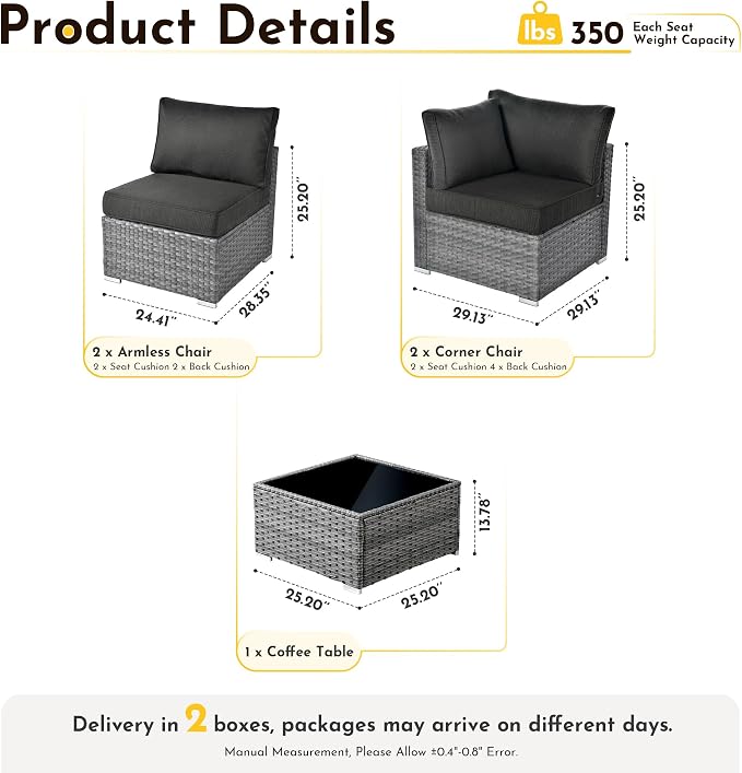 Weaxty 5 Pieces Patio Furniture Sets,Wicker Outdoor Sectional Sofa with Thicken Cushion and Rattan Coffee Table,Patio Conversation Couch Set for Porch, Balcony,Yard, Poolside,Black