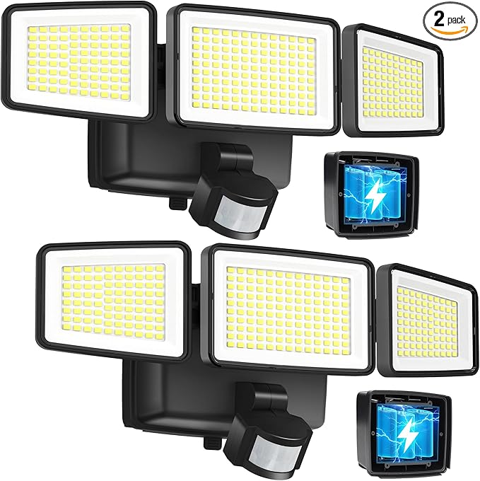 UME Battery Powered Motion Sensor Outdoor Lights 302 LED 1800LM, IP65 Waterproof Battery Operated Flood Lights Outdoor, 3 Heads Security Motion Light with 3 Modes for Garden Patio Yard, 2 Pack (Black)