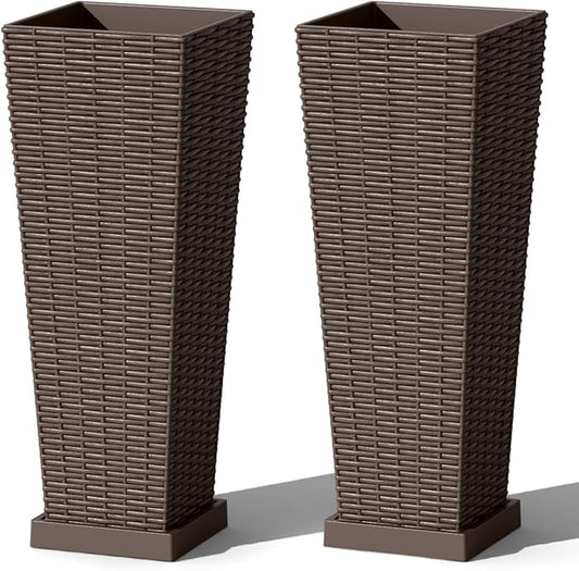 Greesum Set of 2 Tall Plastic Planters with Saucer, 24 Inch Large Pots with Drainage Trays, Weather-Resistant Plastic Plant Containers for Patio, Porch, Garden,Brown