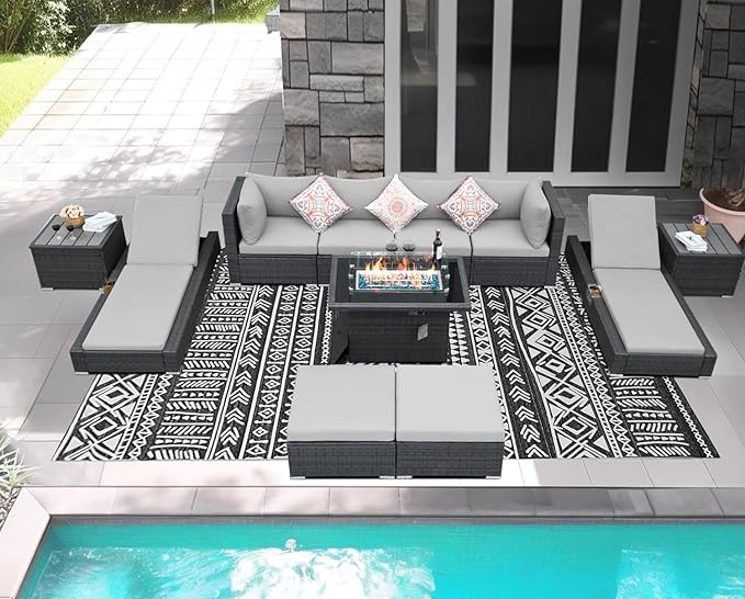 NICESOUL 11 Piece Sectional Outdoor Set with Firepit Loungers, Modern Large Backyard Seating with Fireplace, 29.3'' High-Back Patio Couch Sofa, All-Weather Wicker Furniture Sets for Deck, Light Grey