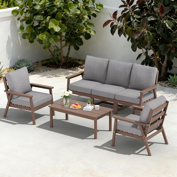 LOUNZY HDPE Patio Furinture Set, 6 Piece Sectional Sofa Outdoor Furniture Set, All Weather Outdoor Couch Set Patio Conversation Set for Deck, Lawn, Brown
