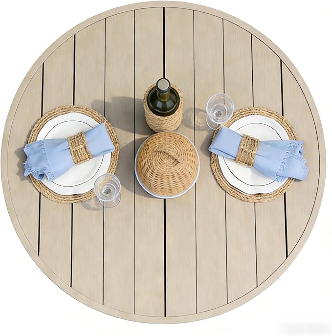 All-Weather 42" Round Outdoor Patio Table for 4, Metal Ivory Dining Table with Adjustable Umbrella Hole, Garden, Backyard & Deck Bistro Table