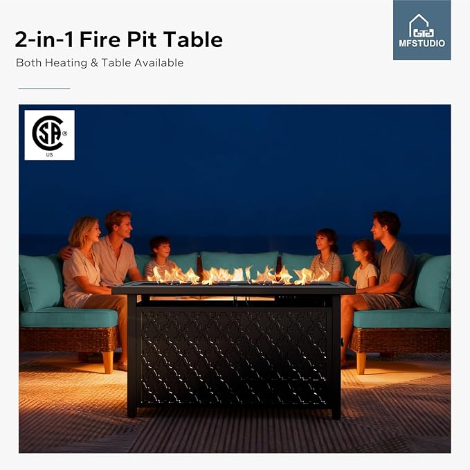 MFSTUDIO 7 Piece Wicker Patio Furniture Set with Fire Pit Table, 2 x Armless Sofa, 2 x Ottoman, 3-Seat Sofa, All-Weather Outdoor Rattan Patio Conversation Set for Garden(Aqua Blue Cushions)
