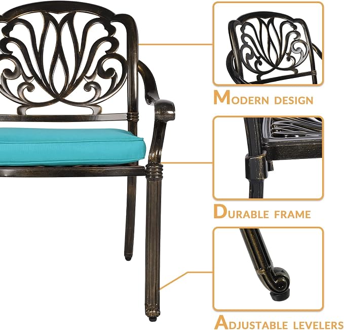 7-Piece Outdoor Patio Dining Set, 60” Rectangular Cast Aluminum Dining Table with Umbrella Hole and 6 Outdoor Dining Cushioned Chairs, Patio Funiture Set for Backyard, Patio, Garden, Blue