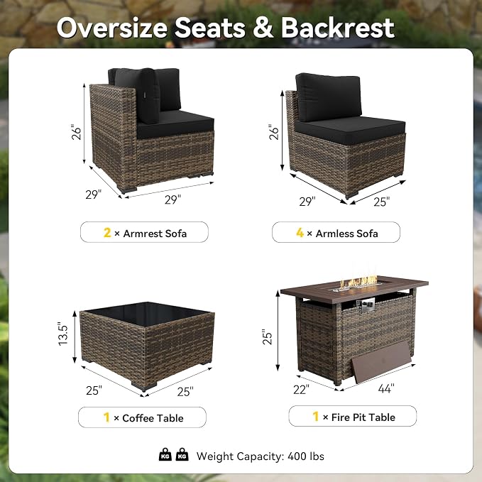 LazySunsets 8-Piece Patio Furniture Set with 44" Fire Pit Table, Wicker Rattan Outdoor Furniture, Patio Conversation Sets with Coffee Table, Outdoor Sectional Couch, Yellow Black