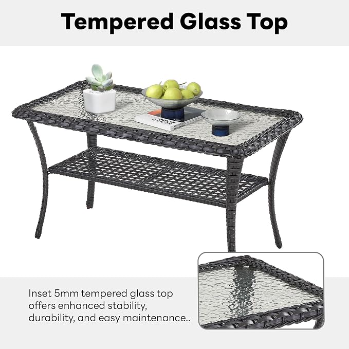Belord 38 Inch Outdoor Coffee Table with 2 Tier Storage - Wicker Coffee Table with Water Ripple Texture Tempered Glass Top, All Weather Patio Coffee Table for Deck Porch Balcony Garden Black