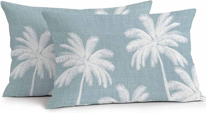 Lumbar Pillow Covers 20x12 Inch Set of 2, Grey Blue Palm Trees Waterproof Outdoor Pillow Covers, Farmhouse Tropical Summer Beach Decorative Cushion Pillowcases for Couch, Sofa, Bed, Garden, Patio