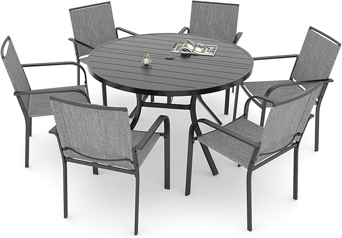 Anmutig 7-Piece Outdoor Dining Set, 48'' Round Table with 6 Stackable Chairs All Weather Furniture Set - Grey