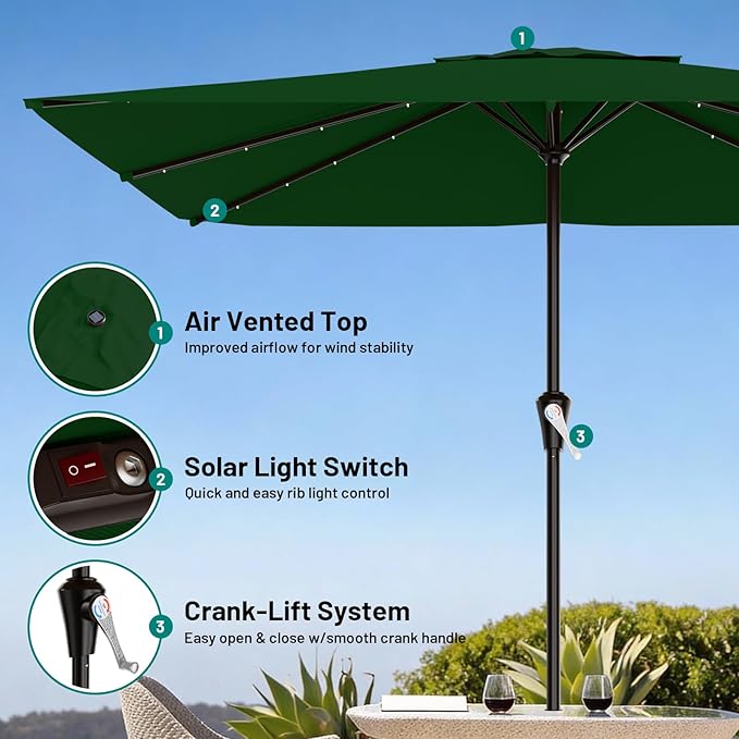 AreShark 8' X 10' Rectangular Patio Umbrella with Solar Lights, Lighted Solar Umbrella with Crank, Outdoor Table Umbrella for Garden, Deck, Backyard, Pool and Beach, Dark Green