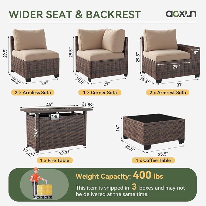 Aoxun Outdoor Patio Furniture Set with 44'' Fire Pit Table, 7 Pcs Outdoor Patio Furniture Sets with 4in Thicken Cushion, Widen Armrests Wicker Outdoor Sectional for Backyard (Waterproof Cover Include)