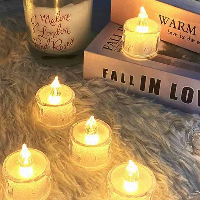 SupBri 96 Pack Flameless Tea Lights, Crystal Led Tealight Candles, Electric Fake Votive Candles for Valentines Christmas