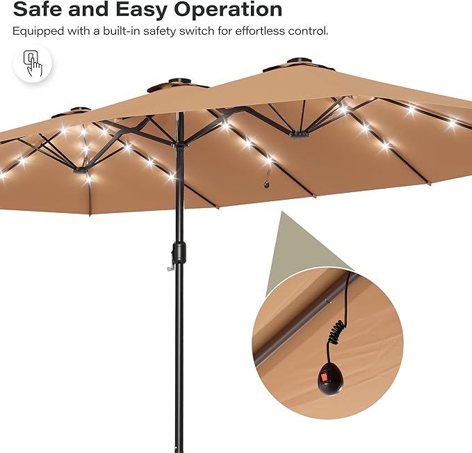 EO Living 13ft Large Patio Umbrella with Solar Lights, Double-Sided Rectangle Outdoor Umbrella with Base Included, 24 LED Lights Table Umbrella for Poolside Deck Market (Beige)