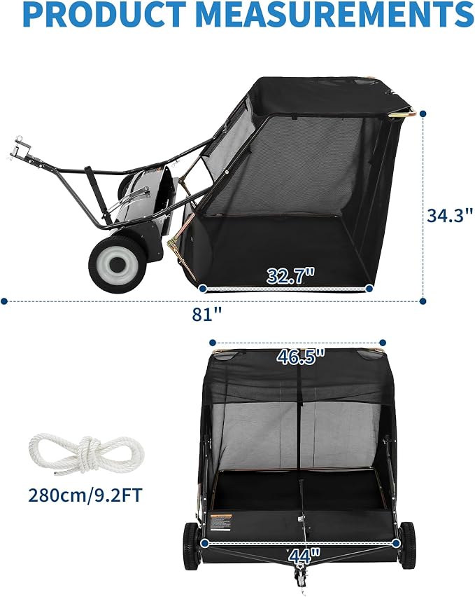 44 Inch Tow Behind Lawn Sweeper, 29 cu.ft Extra-Large Heavy Duty Leaf & Grass Collector, Pull Behind Sweeper with Tool-Free Adjustable Brush Height, Dumping Rope for Riding Mower,Yard Driveway Cleanup