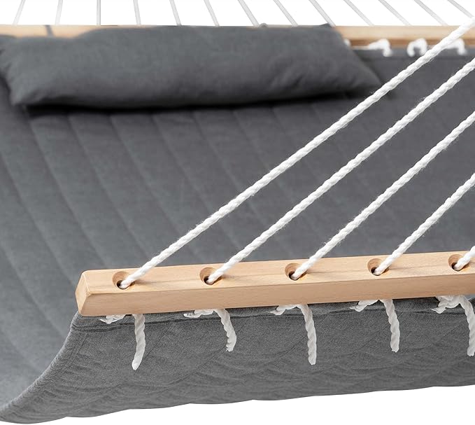 Lazy Daze Hammocks 12 FT Sunbrella Fabric Quilted Hammock Double Sunbrella Quilted Hammock with Spreader Bars & Pillow, All Weather and Fade Resistant for Outdoor, 450 lbs Capacity, Cast Slate