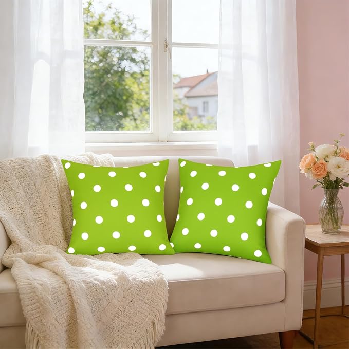 SquarePie Pack of 2 Outdoor Pillow Covers, Waterproof Decorative Throw Pillowcase Shell, Garden Cushion Shams Cases for Spring Patio Couch Balcony Bench,20x20 inch Green Polka Dot