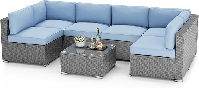 7 Pieces Outdoor Patio Furniture Set, Grey Wicker Patio Sectional Sofa Set, Outdoor Couch with Cushion and Tempered Glass Table, Sky Blue