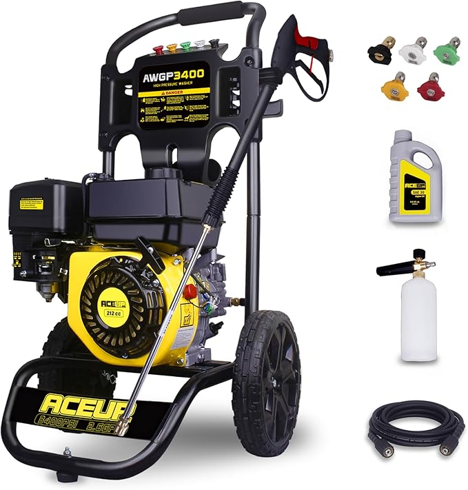 Aceup Energy 3400PSI Gas Pressure Washer Gasoline Powered with 212cc 4 Stroke OHV Engine for Cars, Yards, Farms, Gardens, Walls