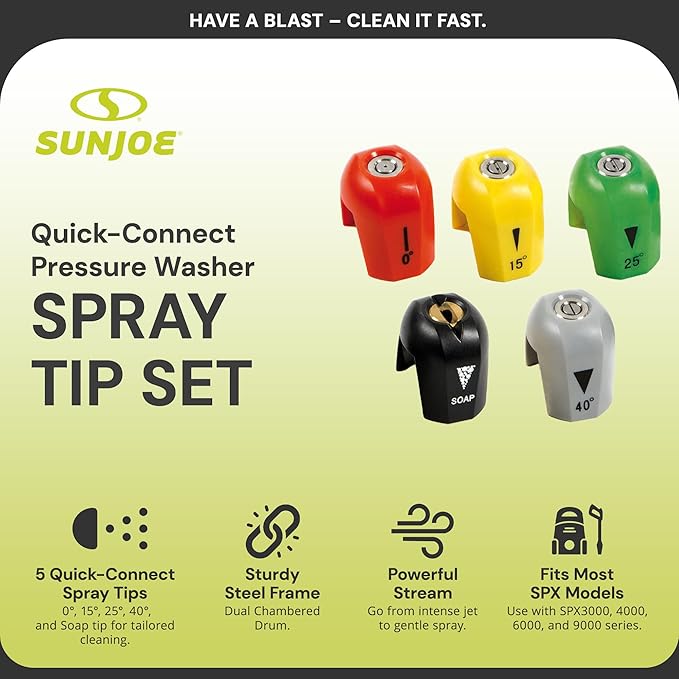 Sun Joe SPX3000-TPS + SPX3000 Electric Pressure Washer Quick-Connect Spray 5-Tip Set and Sun Joe Electric Pressure Washer, Portable Power Washer with Wheels