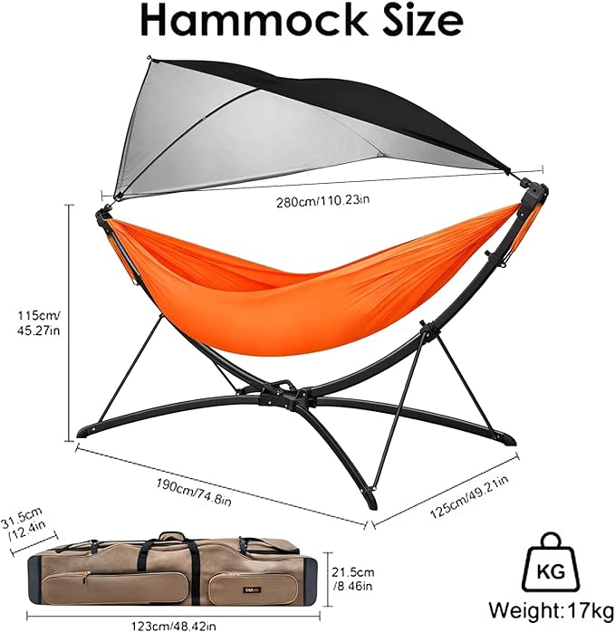 Portable Hammock with Quick Setup Folding Stand & Adjustable Sunshade Canopy & Storage Bag, Adult/Child Hammock Chair, for Camping Home Garden Hotel Outside Beach Forest (Black+Orange)