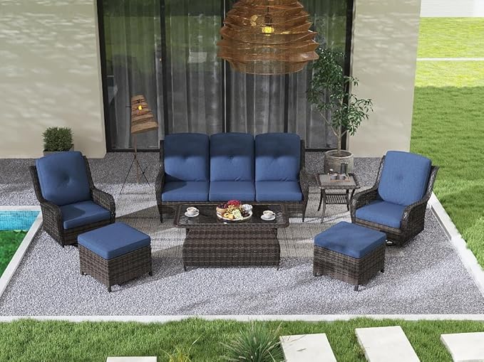 Kinsuite 7 PCS Patio Furniture Set, Outdoor Conversation Sets with Swivel Chairs & Ottomans, All-Weather Wicker Sectional Sofa with Thicken Cushions for Garden, Lawn, Deck, Backyard, Blue