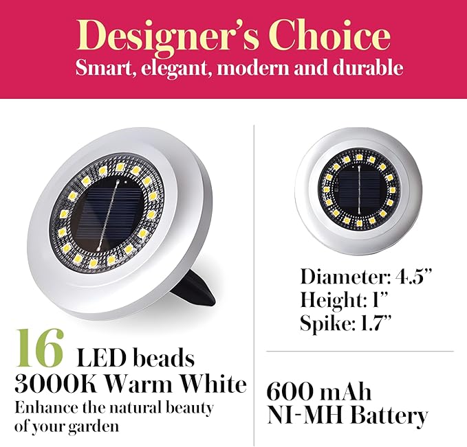 Solar Ground Light 8 Packs, Upgraded 16-LEDs Solar Outdoor Light for Patio, Mower-Friendly Withstand 200lbs Solar Powered Lights, IP66 Waterproof & Reusable Spike, Warm White