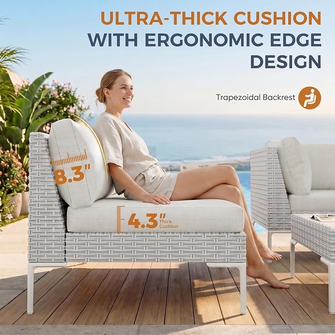 ABCASA Outdoor Patio Sectional Furniture Set w/Water-Resistant Fabric | Oversized Seat Wicker Outdoor Furniture Set w/Thick Cushion, L Shaped Patio Conversation Set for Pool Yard, Gray