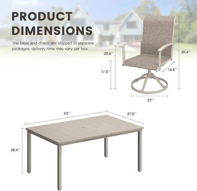 7 Pieces Patio Dining Set, Outdoor Furniture of 63" Rectangular Patio Table and Patio Swivel Chairs for Backyard Lawn Garden, Sandshell Table and Sandshell Chairs