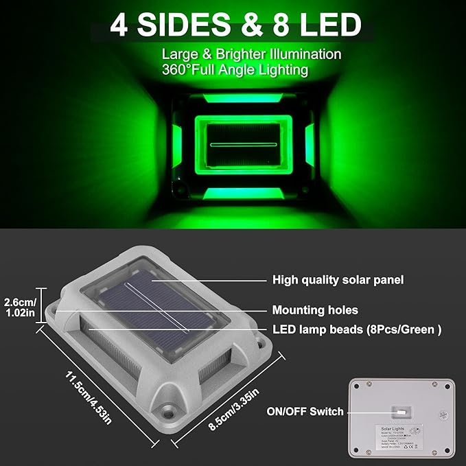 Solar Green Deck Lights Driveway Dock Lights St. Patrick's Day Decor Light- 8 Packs Waterproof 1200mAh Outdoor LED Aluminum Dock Lighting Road Markers for Driveway Sidewalk Garden Pathway Yard