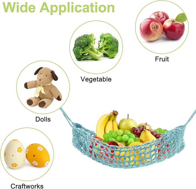 Macrame Fruit Hammock 1 Pack Cotton Fruit Holder Net Under Cabinet Veggie Storage Space Saving Kitchen Decor with Hooks (Light Blue)