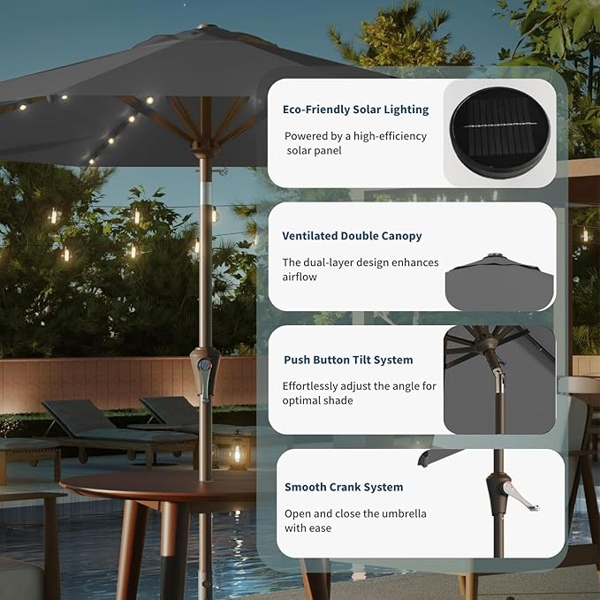 9FT Solar Umbrella 32 LED Lighted Patio Umbrella Table Market Umbrella w/Tilt and Crank, UV-Resistant Outdoor Umbrella for Pool, Garden, Deck, Gray