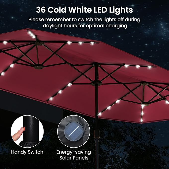 Tangkula 13FT Double-Sided Solar Patio Umbrella, Extra-Large Outdoor Twin Umbrella with 36 LED Lights, Vented Top, Crank Handle, 12 Ribs, Weighted Base Included for Backyard Poolside Deck (Wine)