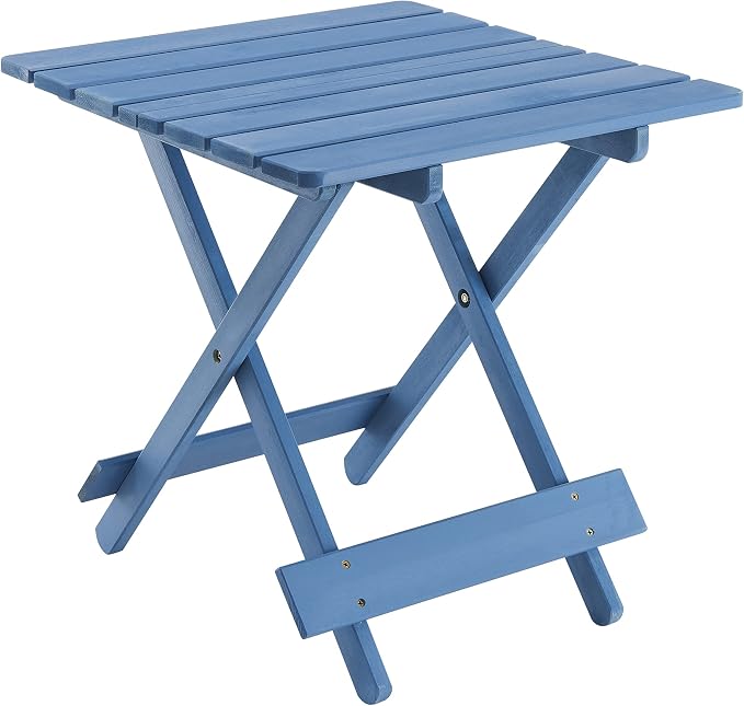 Foldable Solid Wood Side Table, Space Saving Outdoor Square Folding Patio Snack End Table, Fully Assembled Quick Fold Side Tables for Camping, Picnic, Backyard (Blue)