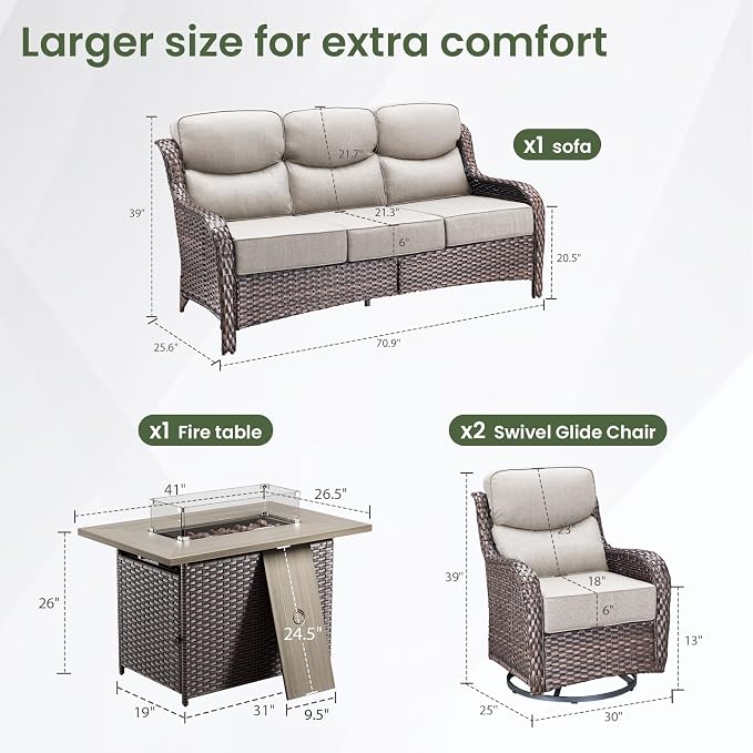 Luxury Patio Furniture Set with 6-inch Thick Cushion, Outdoor Furniture with Fire Pit Table, Swivel Chairs, Sofa, 4pcs Wicker Conversation Set for Deck Yard and Poolside(Brown Wicker/Beige Cushion)