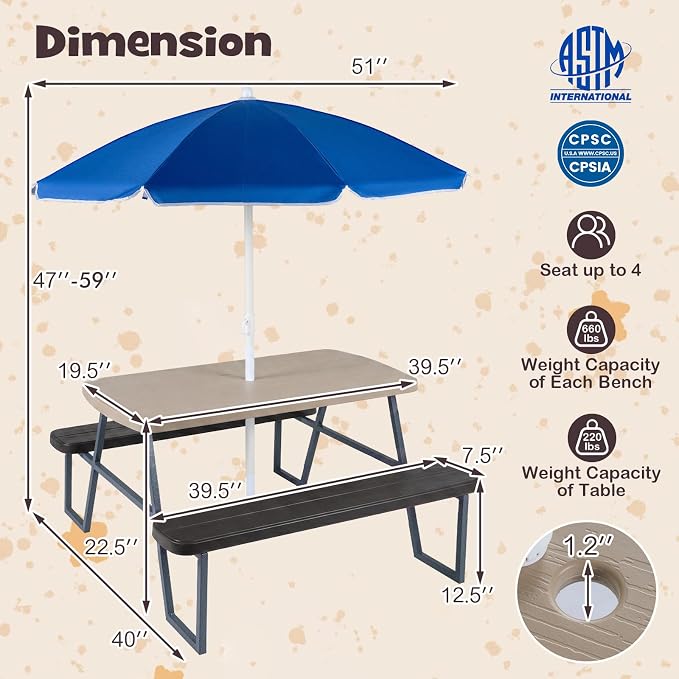 KOTEK Kids Picnic Table with Umbrella, Toddler Outdoor Table and Bench Set, Easy to Clean, HDPE Top & Metal Frame, 660LBS Capacity, Kids Patio Furniture for Backyard Park Garden (Coffee)