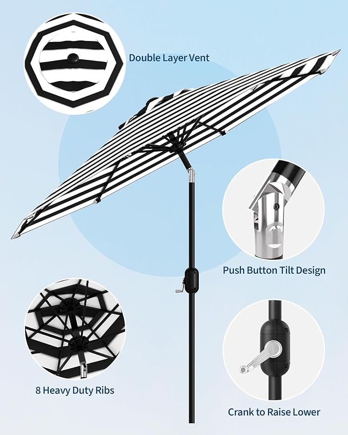 GarveeLife 9 ft Outdoor Patio Umbrella, Table Market Umbrella With Push Button Tilt and Crank, 8 Sturdy Ribs UV Protection Waterproof for Garden, Deck, Backyard, Pool (Black-and-white striped)
