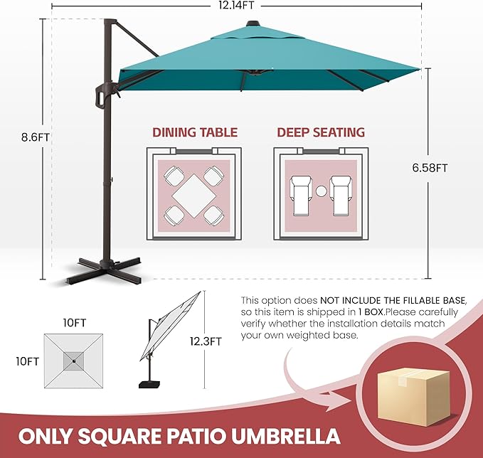 GENTEACO 10X10 FT Cantilever Umbrella, Large Offset Patio Umbrella with 6 Angle Tilts & 360° Rotation, Large Square Sun Umbrellas for Outdoor Patio Pool Deck Market, Turquoise Blue