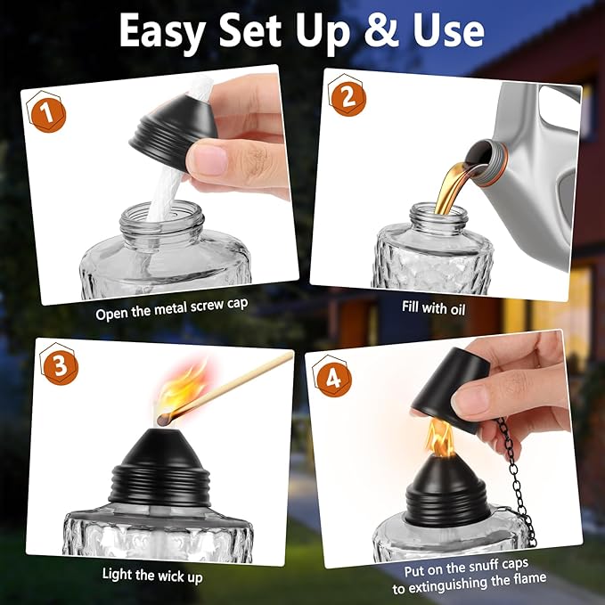 Table Torch Canister 4 Pack, 12oz Glass Citronella Torches Outdoor Lighting, Refillable Tabletop Torch Includes Wick & Cap for Outside Patio & Backyard Parties Décor (Black)